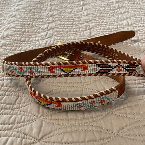 Vintage Beaded Brown Leather Belt - Picture 2 of 16